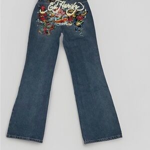Ed Hardy Blue Flare Jeans with Embroidered Back
